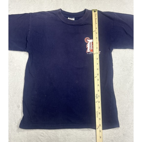 Vintage 90s Logo 7 Detroit Tigers MLB Navy Blue Graphic T-Shirt Youth Size Large - Picture 7 of 8